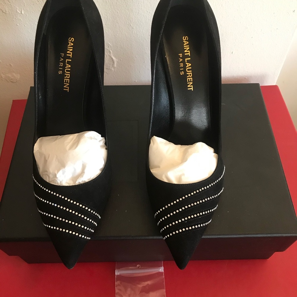 Saint Laurent Black Swede with Swarovski Detailing Women's Shoes